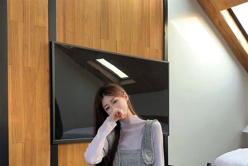 Long Sleeve Mock Neck Plain Tee / Flower Detail Midi Overall Dress Product Image