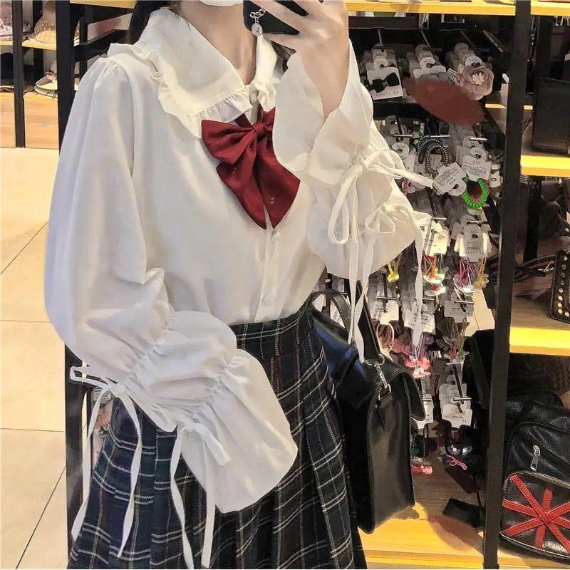 Puff-Sleeve Plain Bow Shirt / Bow Tie / Set Product Image