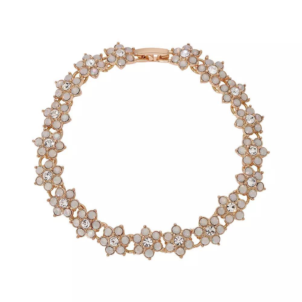 1928 Gold Tone Simulated White Opal Crystal Flower Bracelet, Womens Product Image