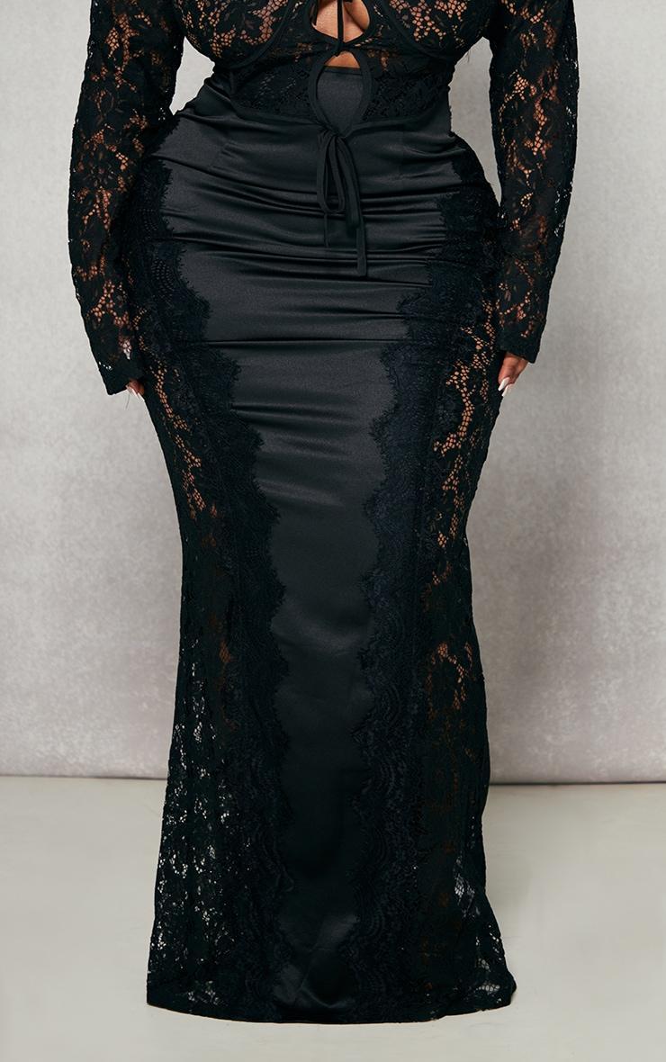 Plus Black Satin Lace Detail Midi Skirt Product Image