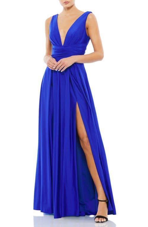 Mac Duggal Pleated Deep V-Neck Sleeveless Empire Waist Thigh High Slit A Product Image