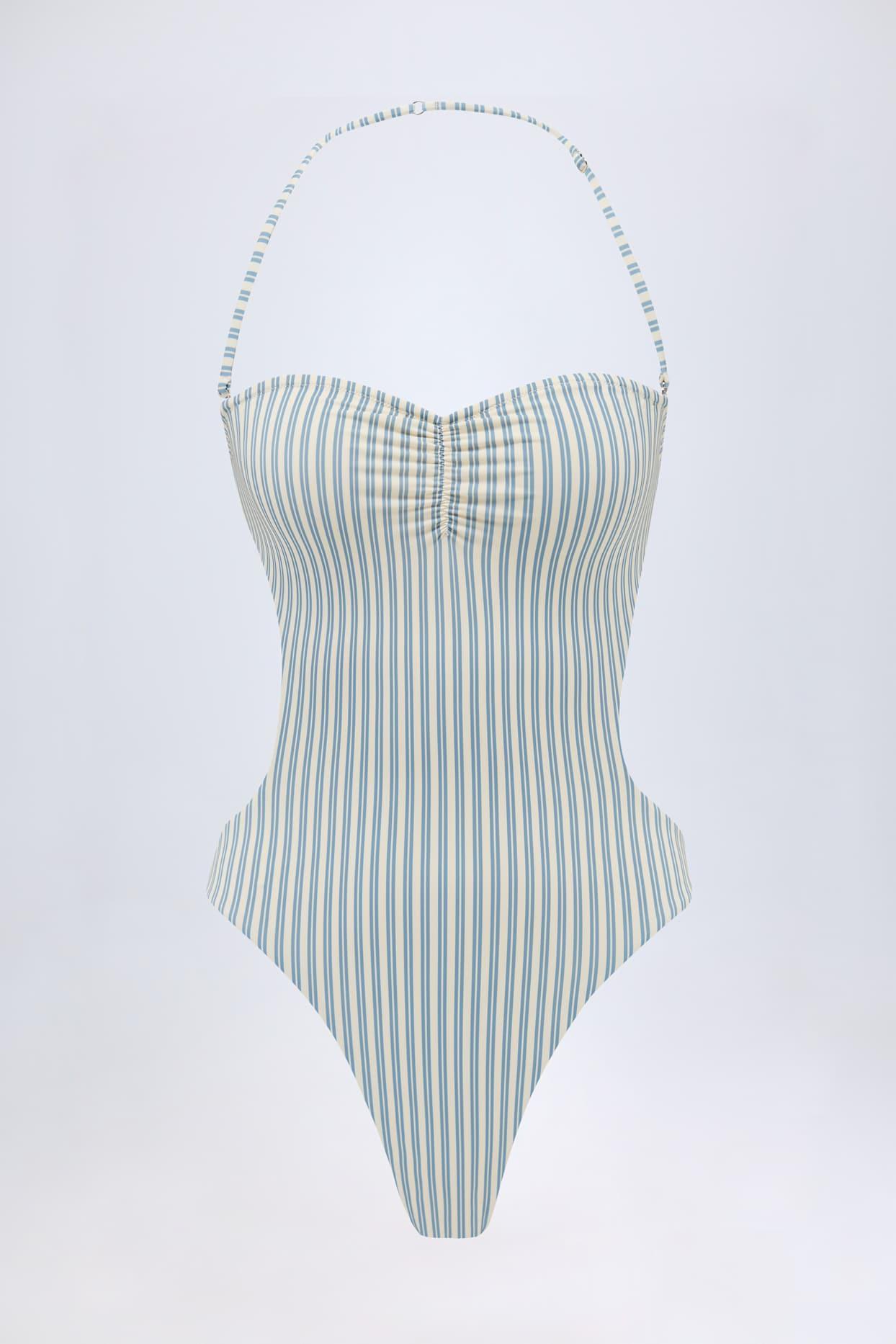 Cut-Out Halterneck Swimsuit in Teal Double Stripe Product Image
