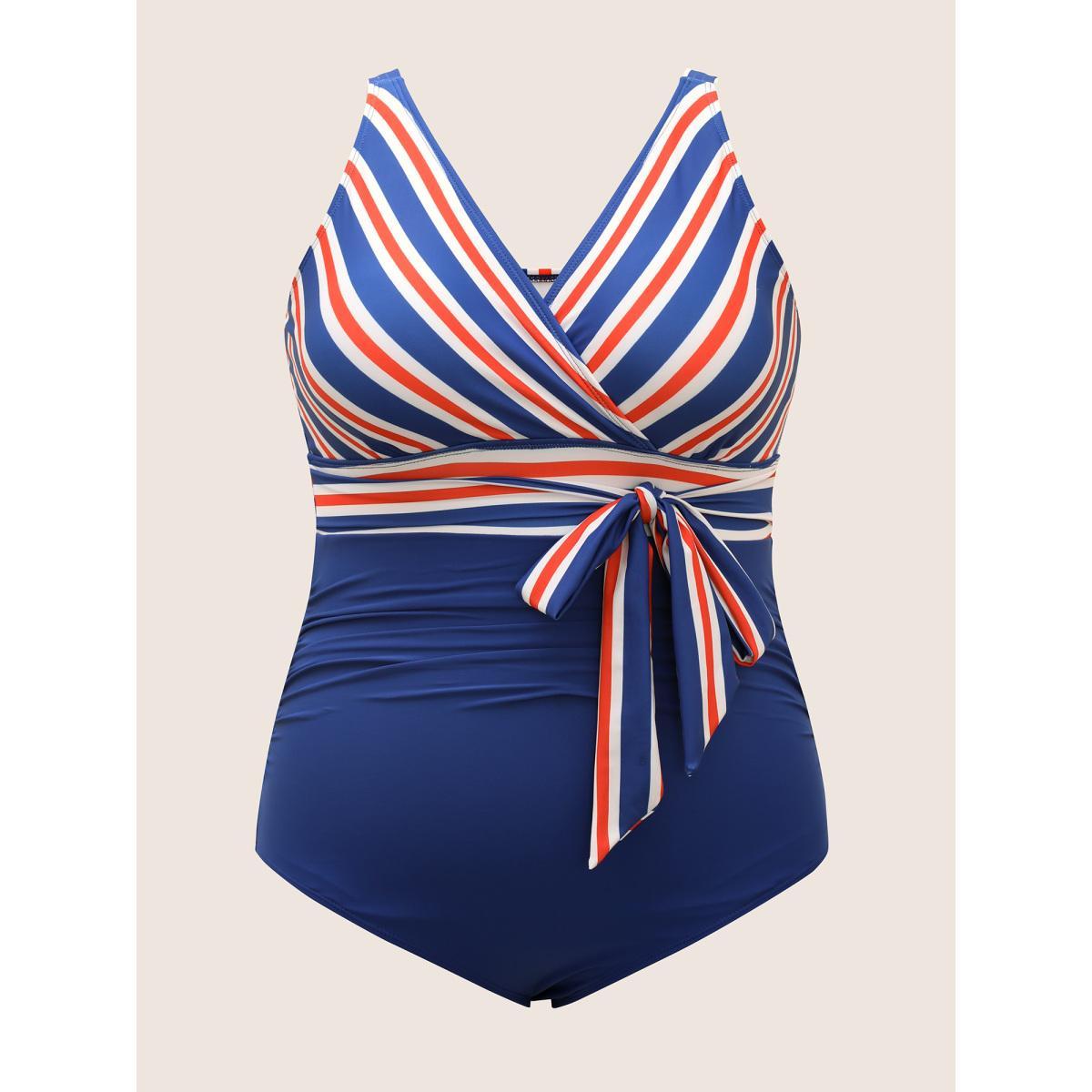Plus Size Overlap Collar Contrast Striped Tie knot One Piece Swimsuit Women's Swimwear Navy Beach Tie knot Curve Bathing Suits High stretch One Pieces BloomChic 30/6X Product Image