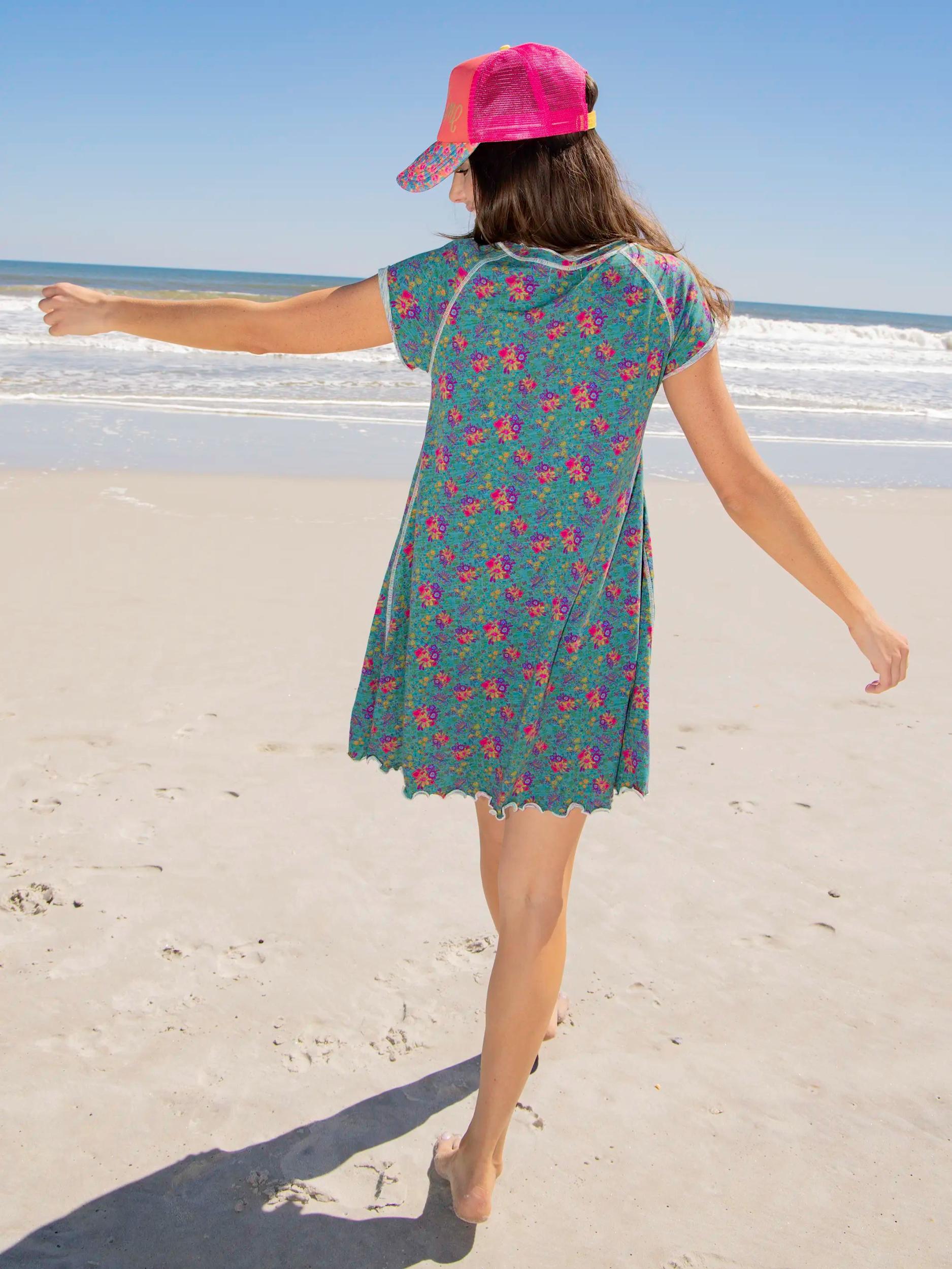 Lily Knit Cotton Tee Dress - Turquoise Floral Medallions Product Image