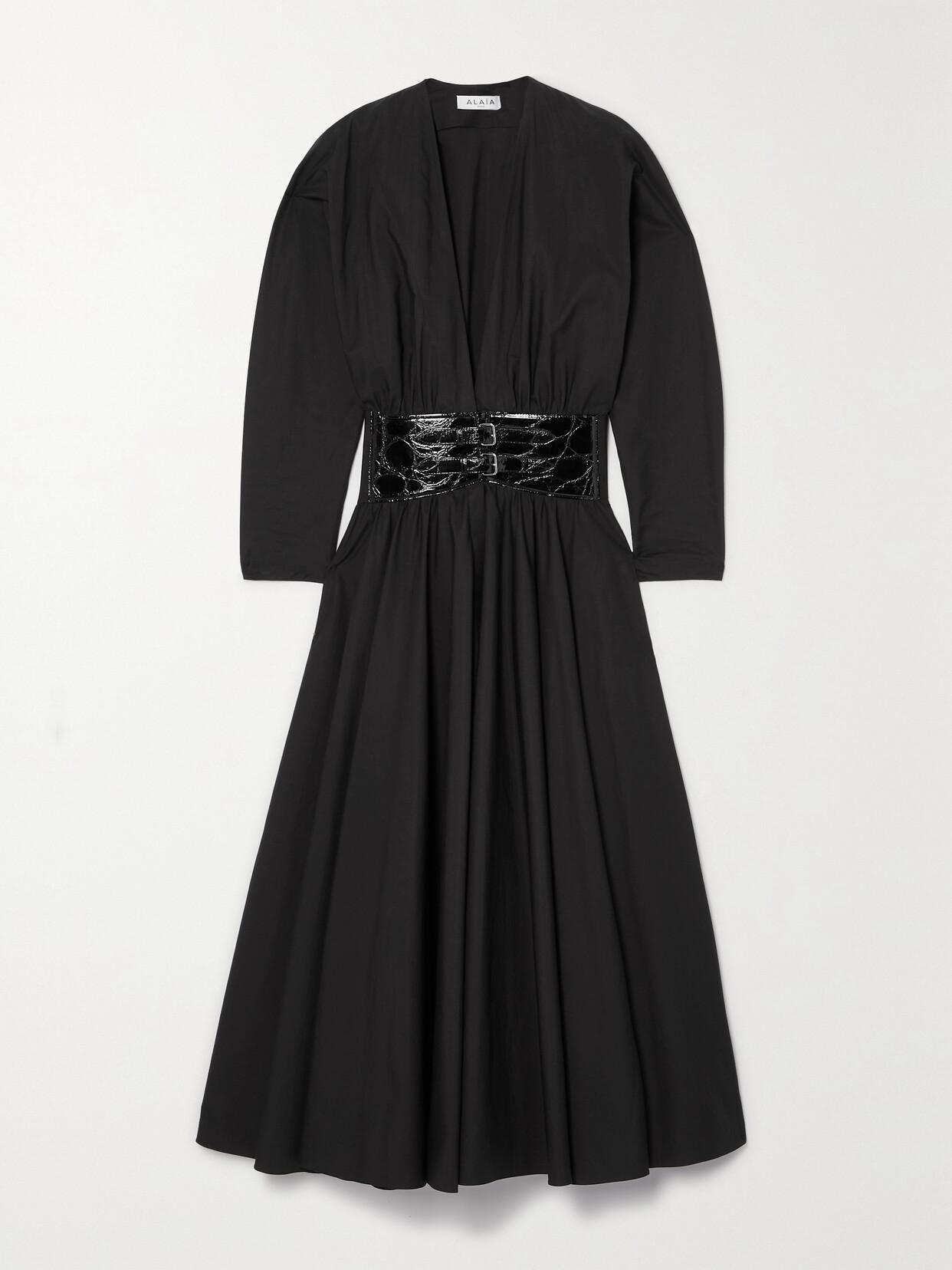 ALAÏA Belted Cotton Midi Dress In Black Product Image