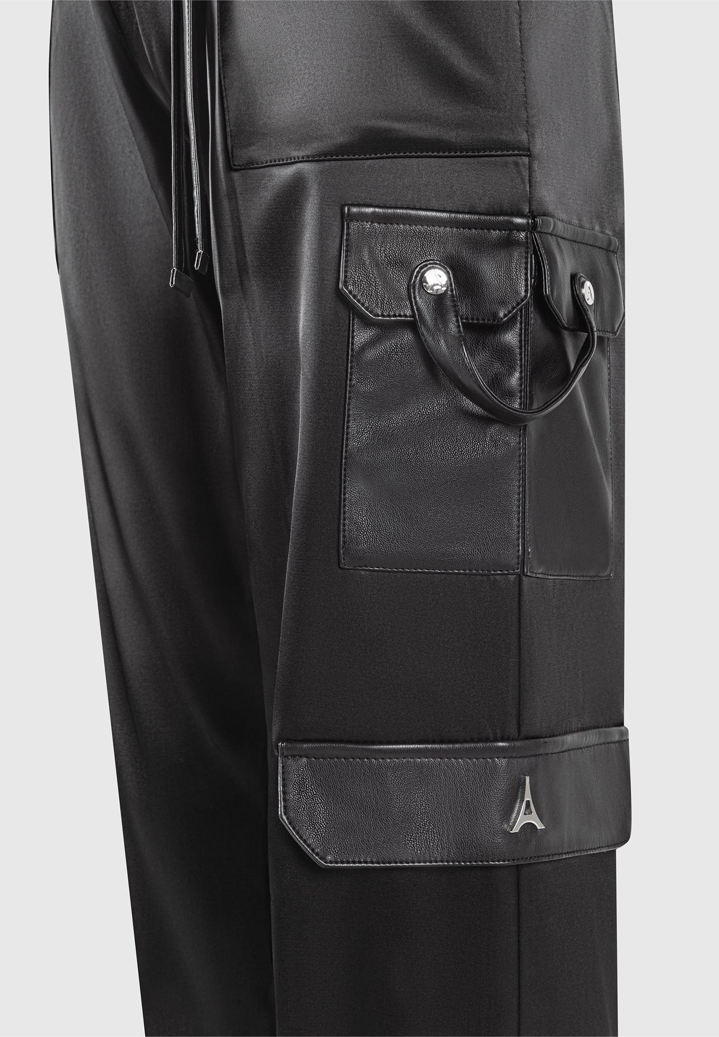 High Waisted Satin Cargo Trousers - Black Female Product Image