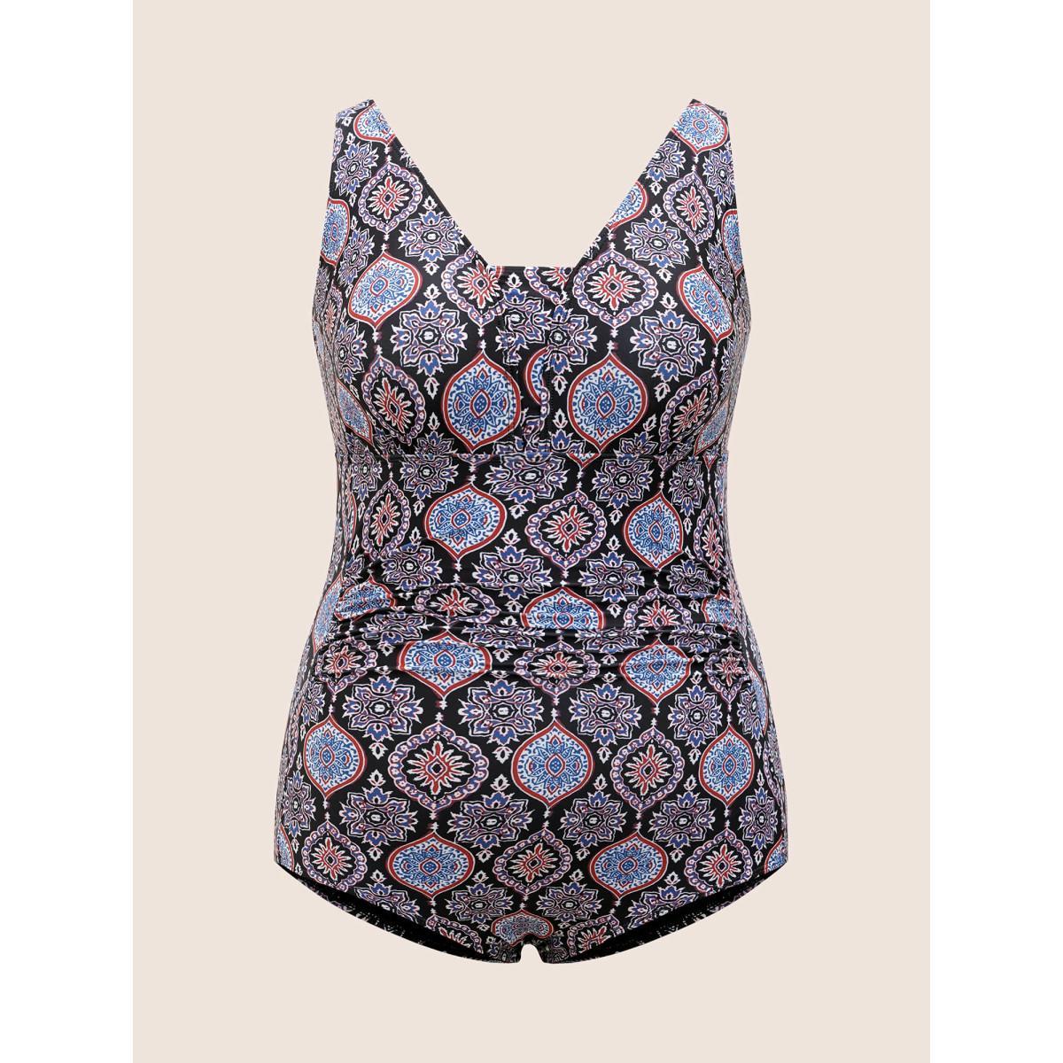 Plus Size Boho Print V Neck Ruched One Piece Swimsuit Women's Swimwear Black Beach Gathered Curve Bathing Suits High stretch One Pieces BloomChic 12/L Product Image