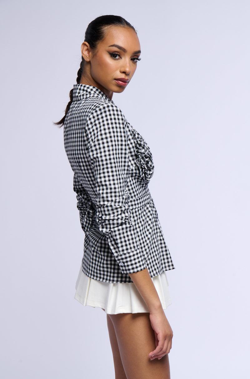 AMINA GINGHAM COLLARED LONG SLEEVE BLOUSE Product Image