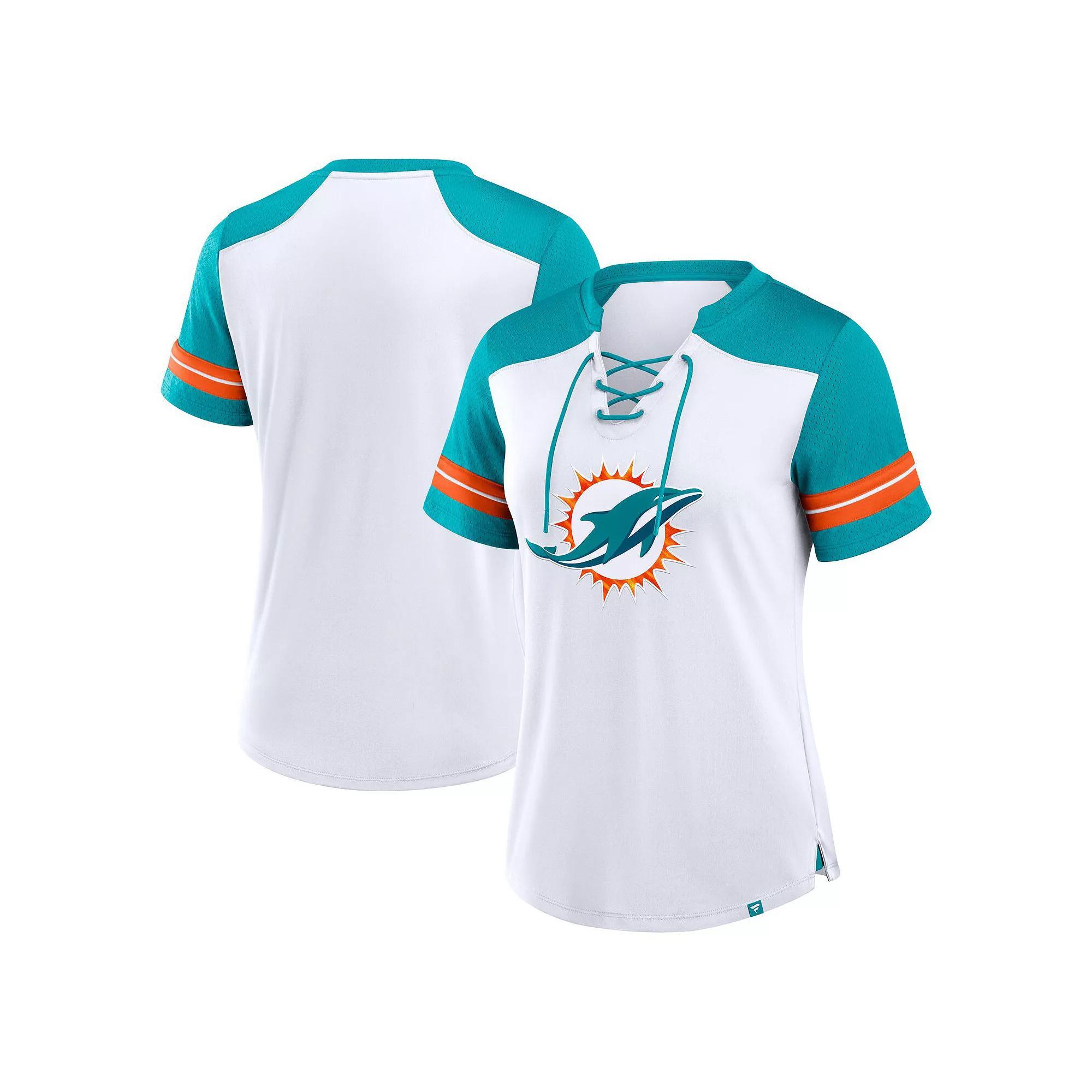Women's Fanatics White/Aqua Miami Dolphins Foiled Primary Lace-Up T-Shirt, Size: 3XL Product Image
