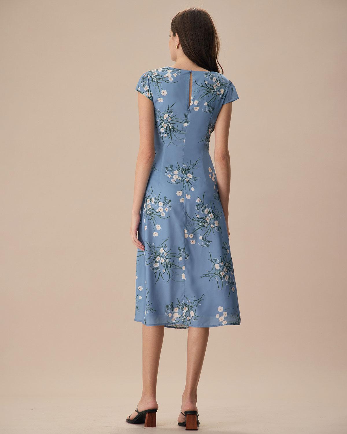 The Blue Round Neck Slit Floral Midi Dress Product Image