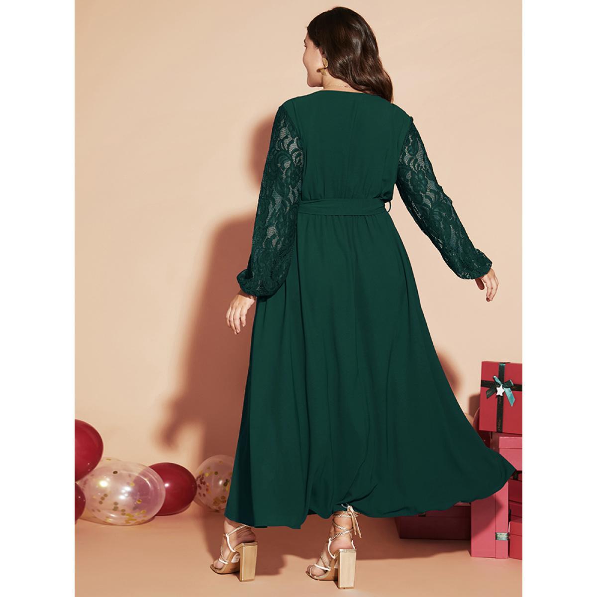 Plus Size Solid Wrap Pocket Lantern Sleeve Lace Belted Maxi Dress DarkGreen Women Elegant V-neck Long Sleeve Curvy Long Dress BloomChic 12/L Product Image