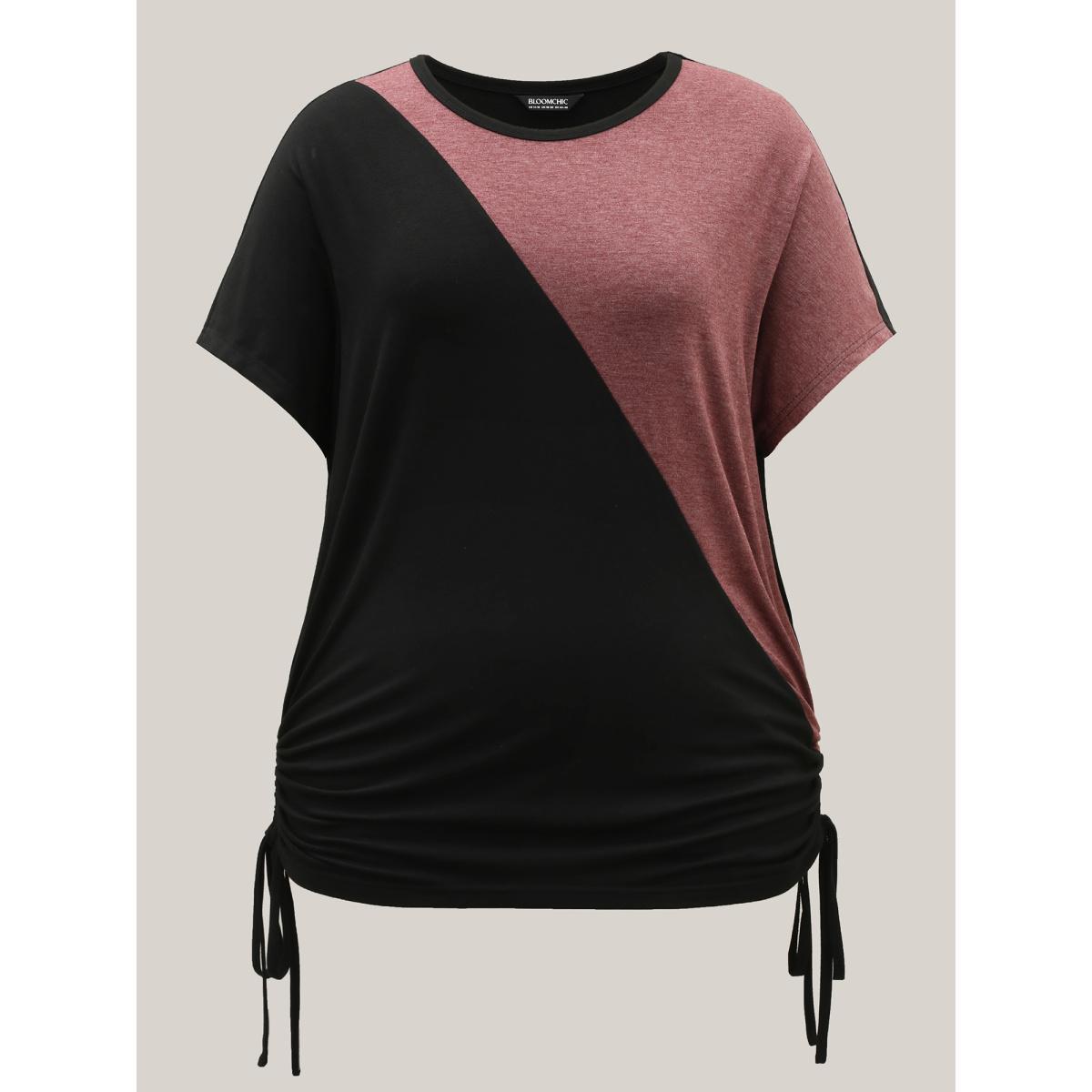 Plus Size Color Block Ruched Drawstring T-Shirt Black Women Casual Contrast Round Neck Everyday T-shirts BloomChic 22-24/3X Product Image