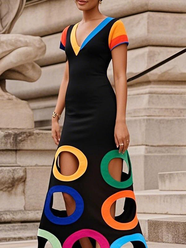 A-Line High Waisted Colorful Contrast Color Hollow V-Neck Maxi Dresses Product Image