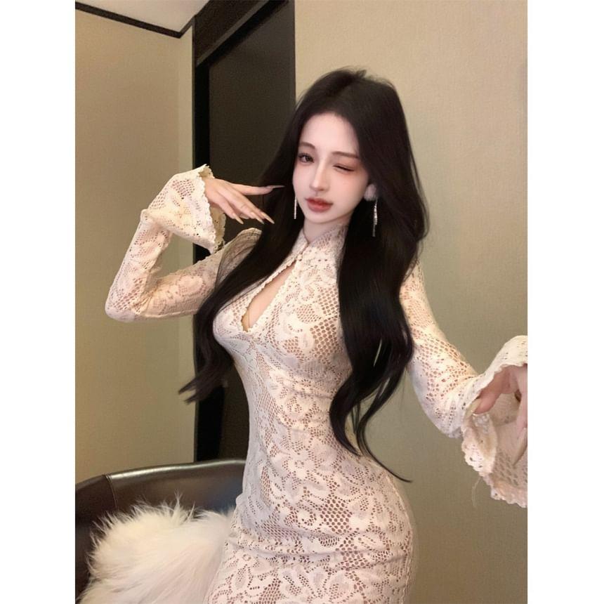 Long Sleeve Stand Collar Cutout Lace Bodycon Mini Dress Product Image
