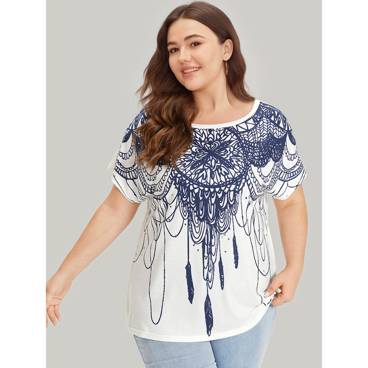Plus Size Boho Print Batwing Sleeve Crew Neck T-shirt Multicolor Women Casual Printed Bohemian Print Round Neck Dailywear T-shirts BloomChic 22-24/3X Product Image