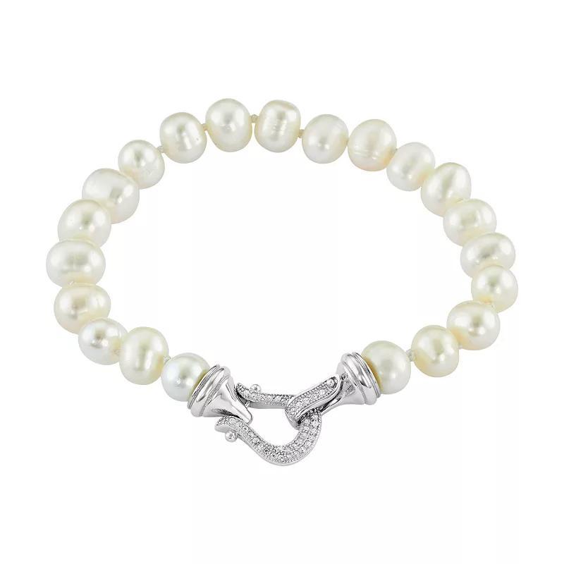 Sterling Silver Freshwater Cultured Pearl & Lab-Created White Sapphire Bracelet, Womens Product Image