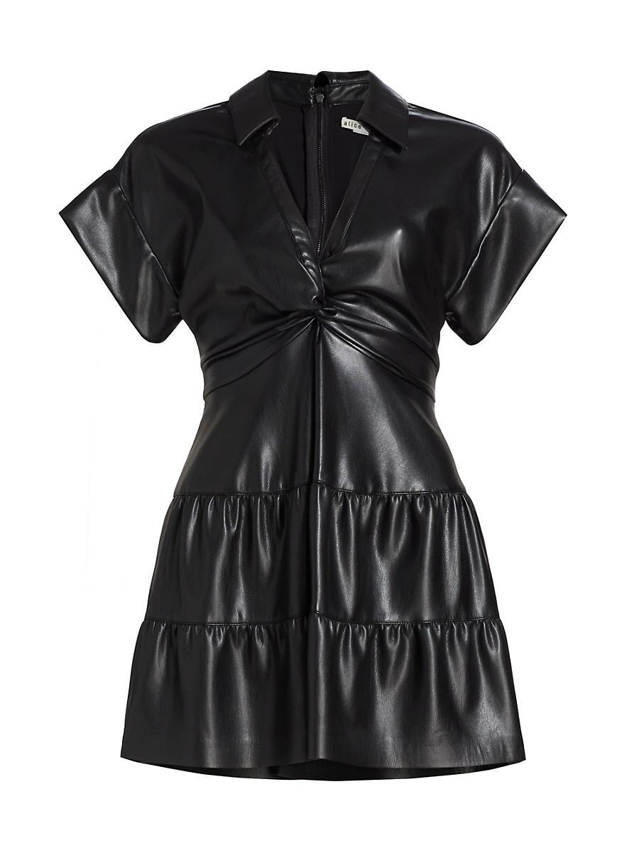 Alice and Olivia Mila Faux Leather Twist Front Cap Sleeve Dress Product Image