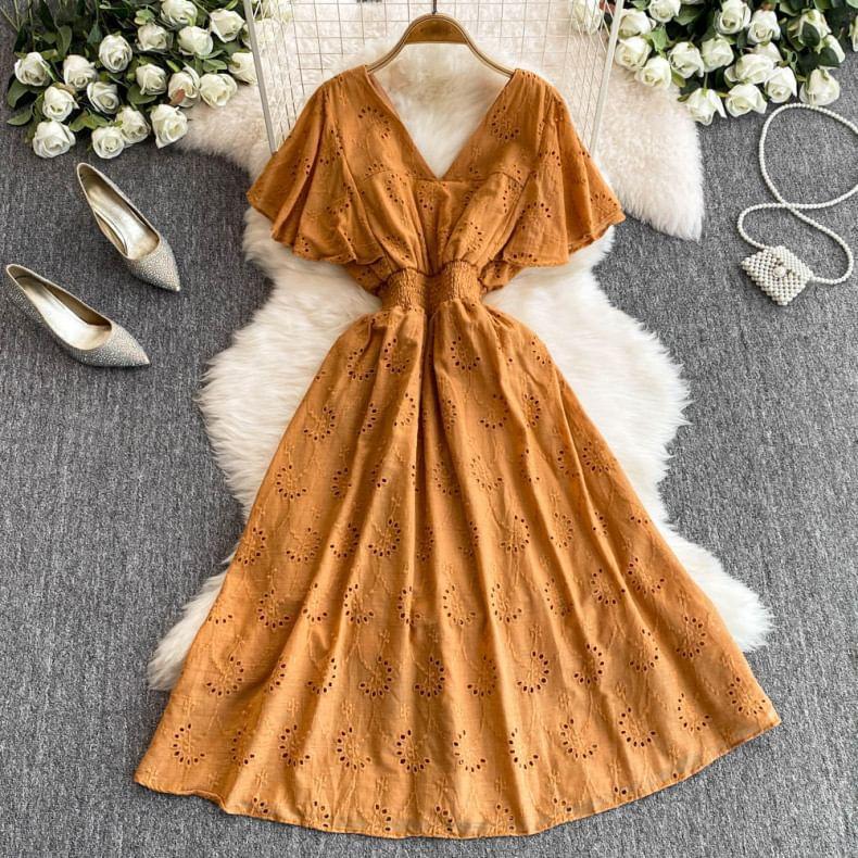 Short-Sleeve V-Neck Flower Embroidered Midi A-Line Dress Product Image