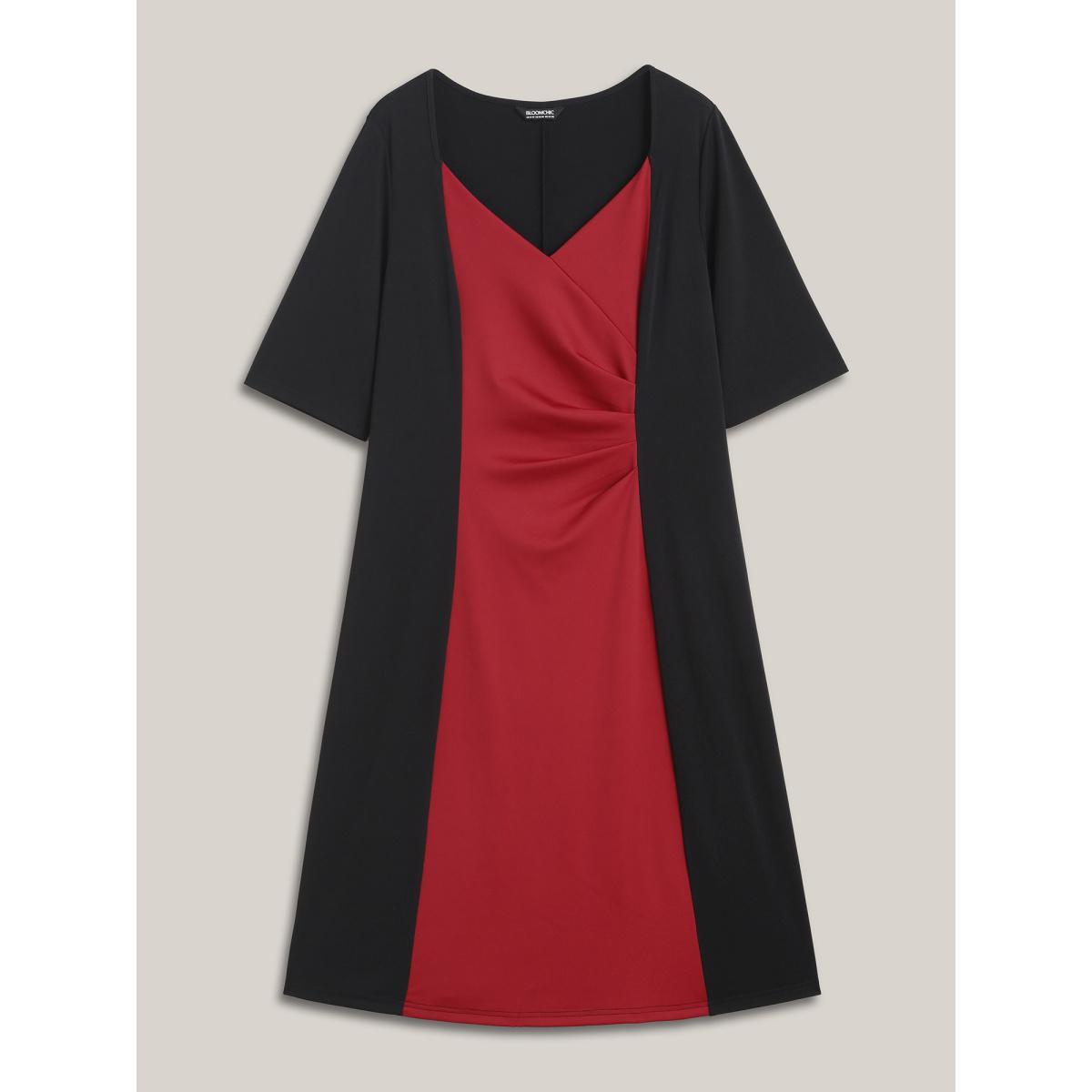 Plus Size Color Block Fitted Waist Overlap Neck Dress Burgundy Women At the Office Contrast Knit Dresses Bloomchic 18-20/2X Product Image