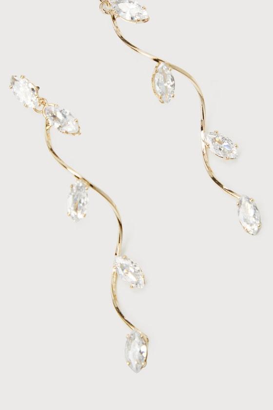 Tenderly Twining Gold Rhinestone Twisted Leaf Drop Earrings Product Image
