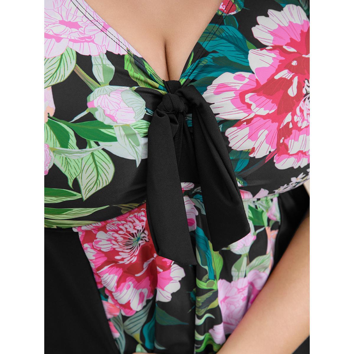 Plus Size Floral Patchwork Ruffle Knotted Swim Dress Women's Swimwear BlackFlower Vacation Bodycon V-neck High stretch Curve Swim Dresses BloomChic 18-20/2X Product Image