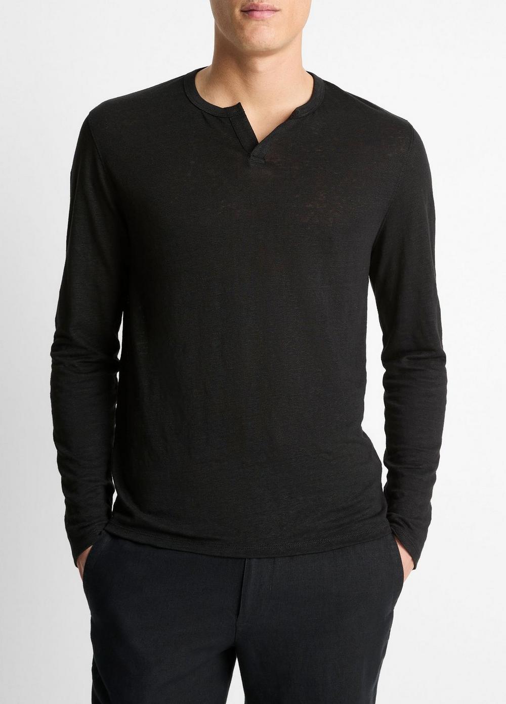 Linen Long-Sleeve Split-Neck T-Shirt Product Image