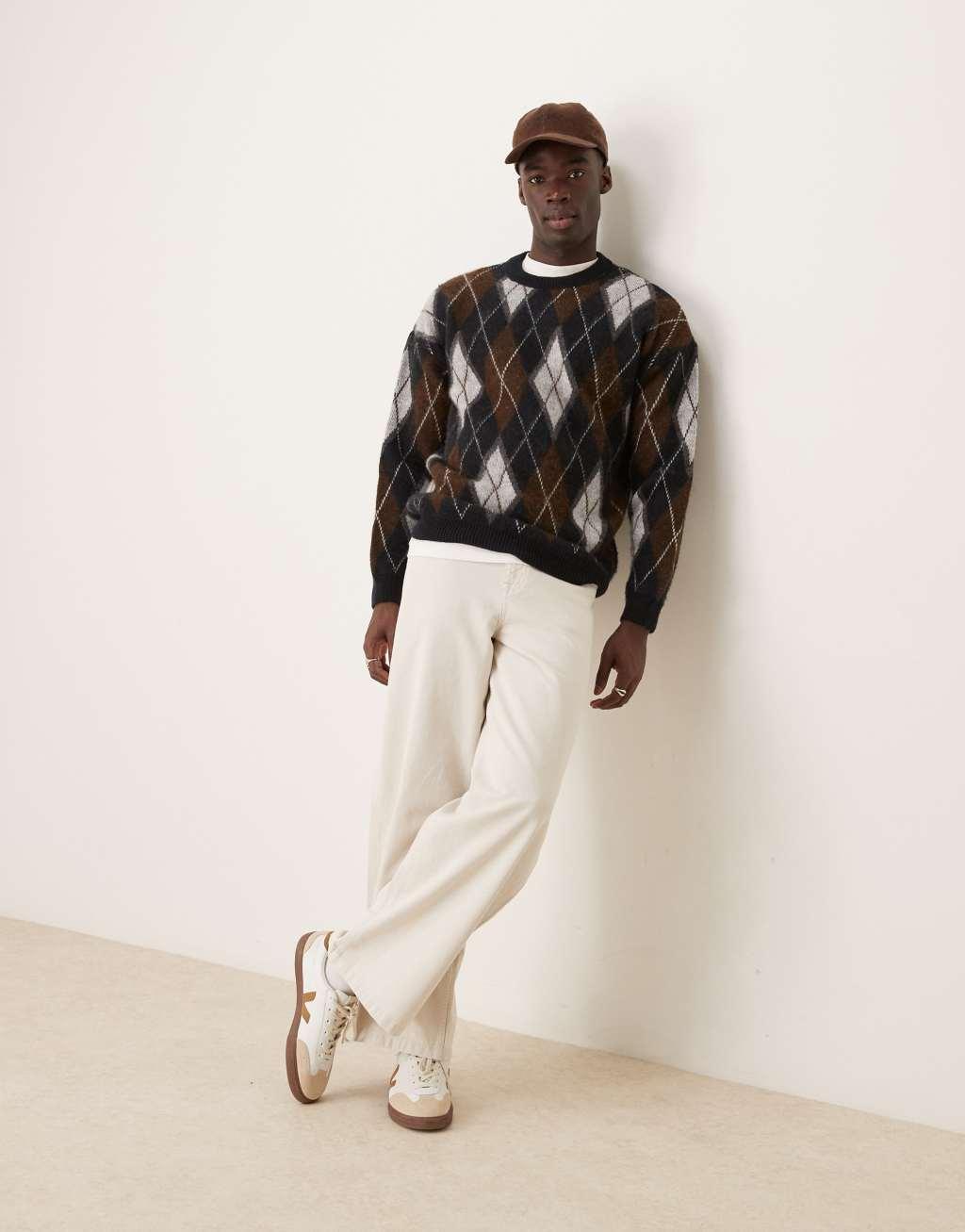 ASOS DESIGN relaxed fluffy knit crew neck sweater with argyle pattern in gray Product Image