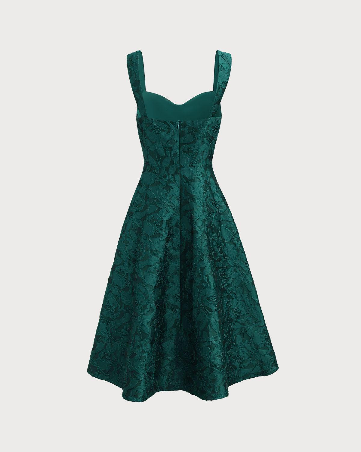 Green Sweetheart Neck Jacquard Midi Dress Product Image
