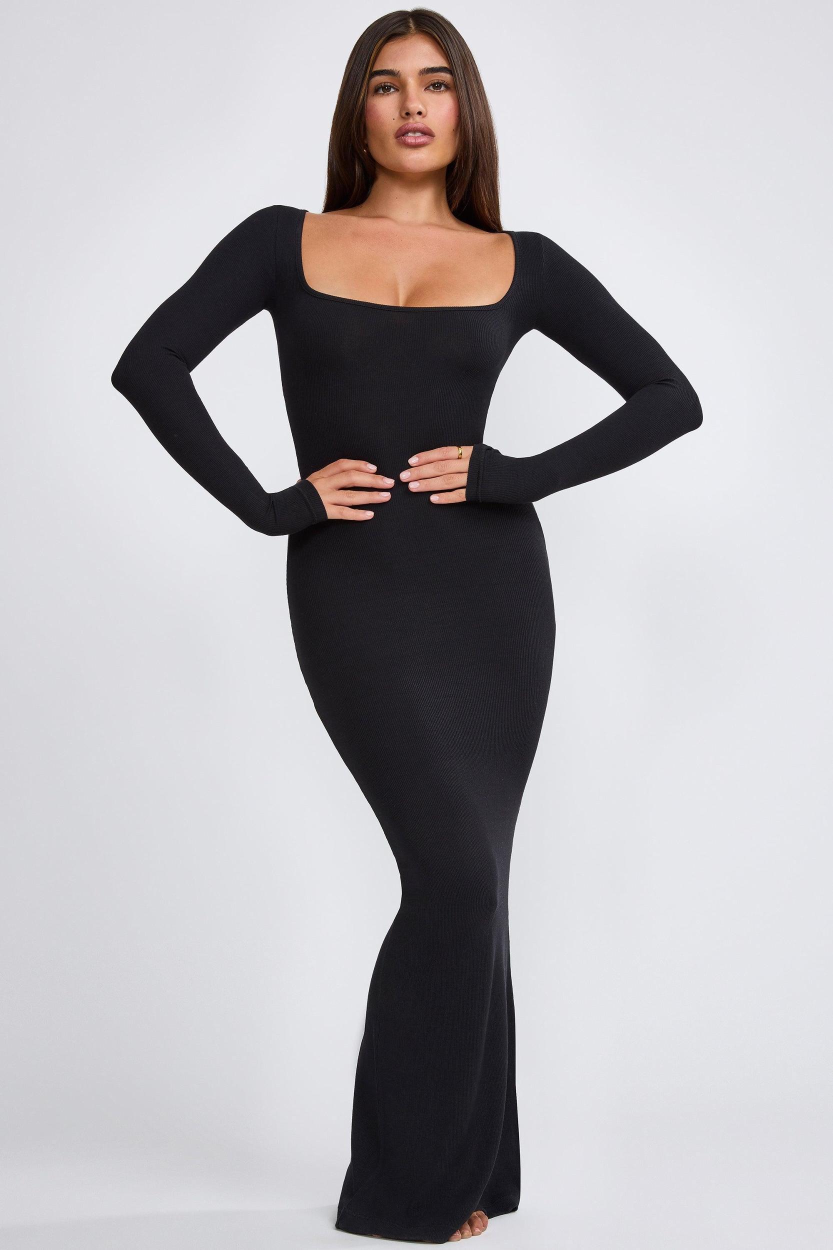 Ribbed Modal Long Sleeve Maxi Dress in Black Product Image