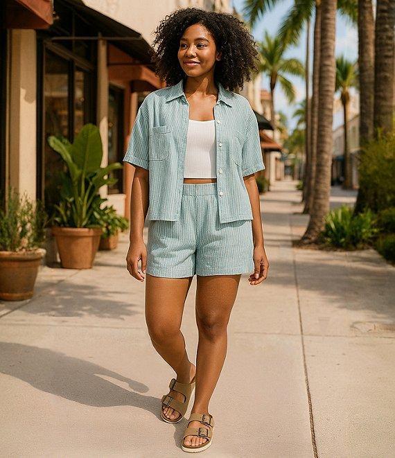 Copper Key Linen Stripe Coordinating Crop Camp Shirt Product Image