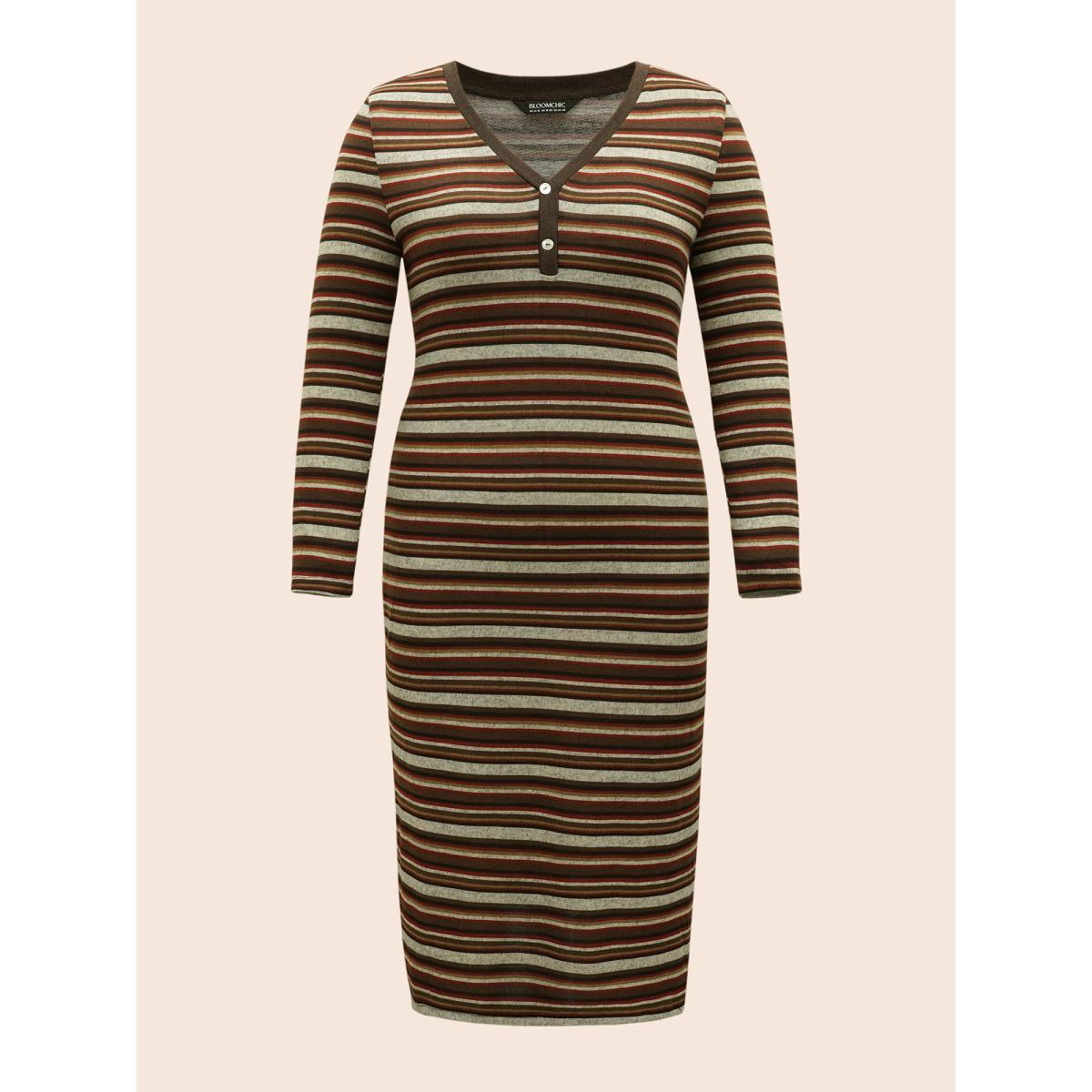 Plus Size Contrast Striped Split Hem Knit Dress Multicolor Women Casual Button Knit Dresses Bloomchic 18-20/2X Product Image