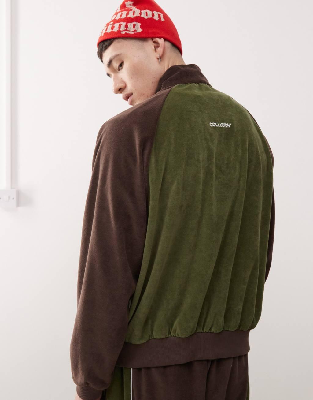 COLLUSION velour contrast panel and seam track jacket in brown and green - part of a set Product Image