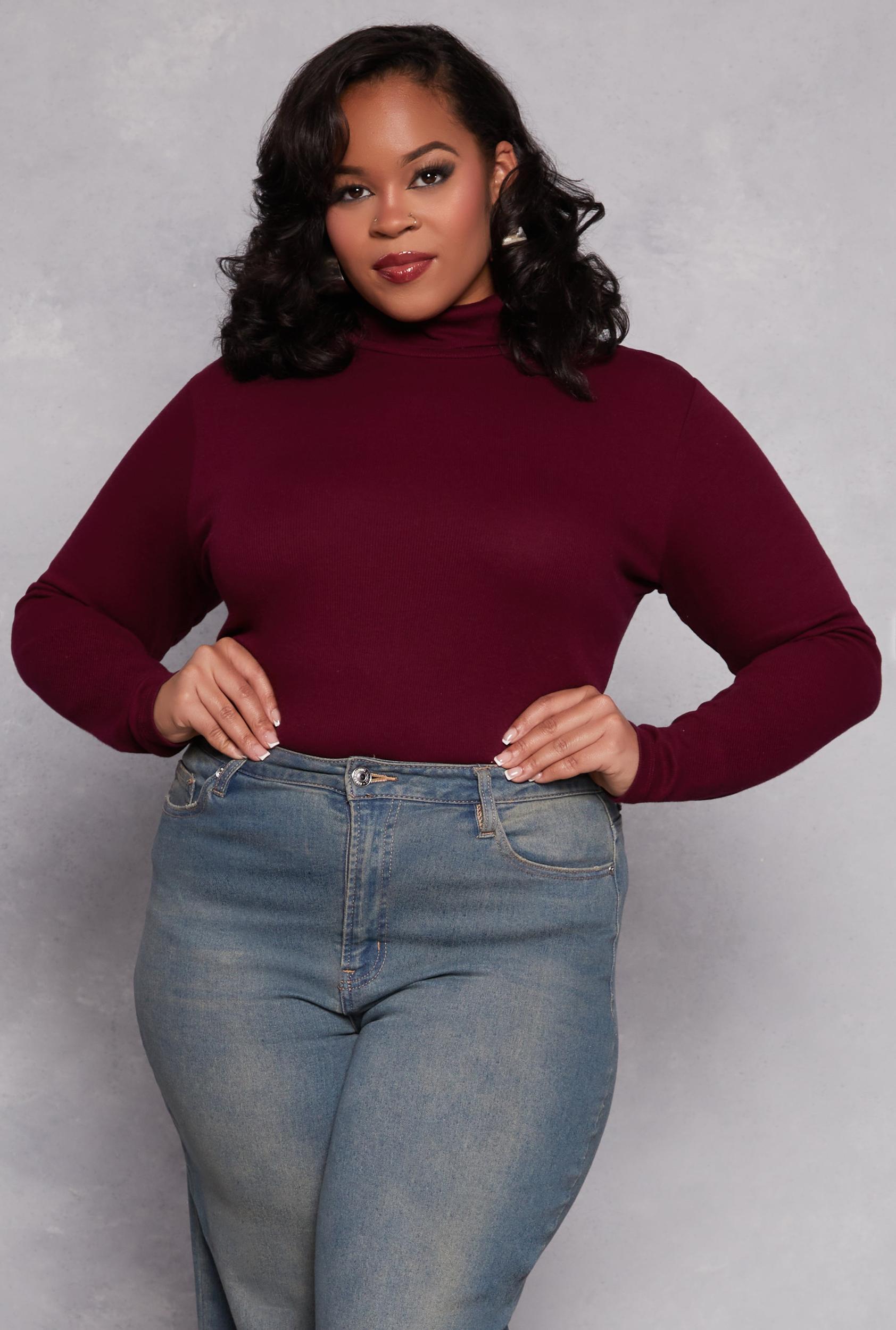 Womens Plus Size Ribbed Knit Long Sleeve Turtleneck Top Product Image
