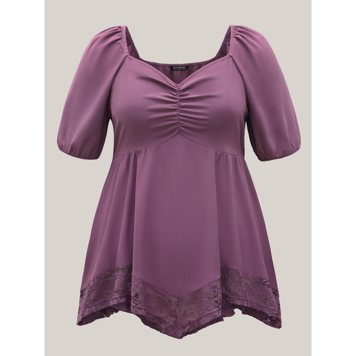 Plus Size Mauve Sweetheart Neck Lace High-Low Hem Shirt Women Elegant Half Sleeve Heart neckline Everyday Blouses BloomChic 28/5X Product Image