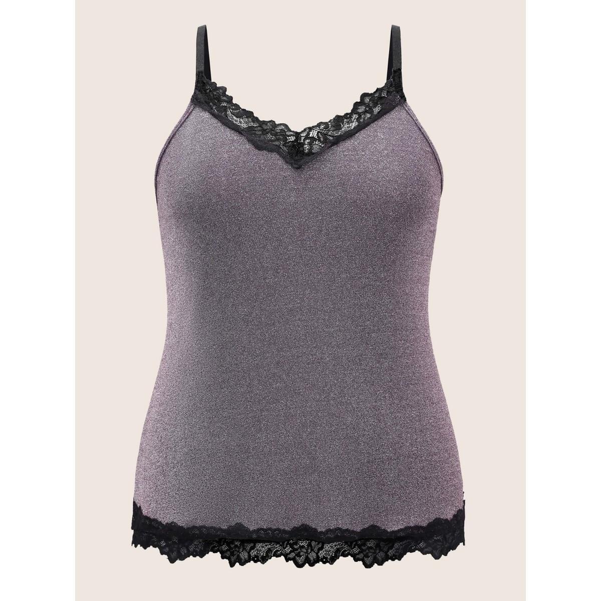 Plus Size Metallic Patchwork Bowknot Lace Panel Loungewear Set Women Purple Patchwork Sleeveless V-neck Lounge Loungewear Sets BloomChic 22-24/3X Product Image