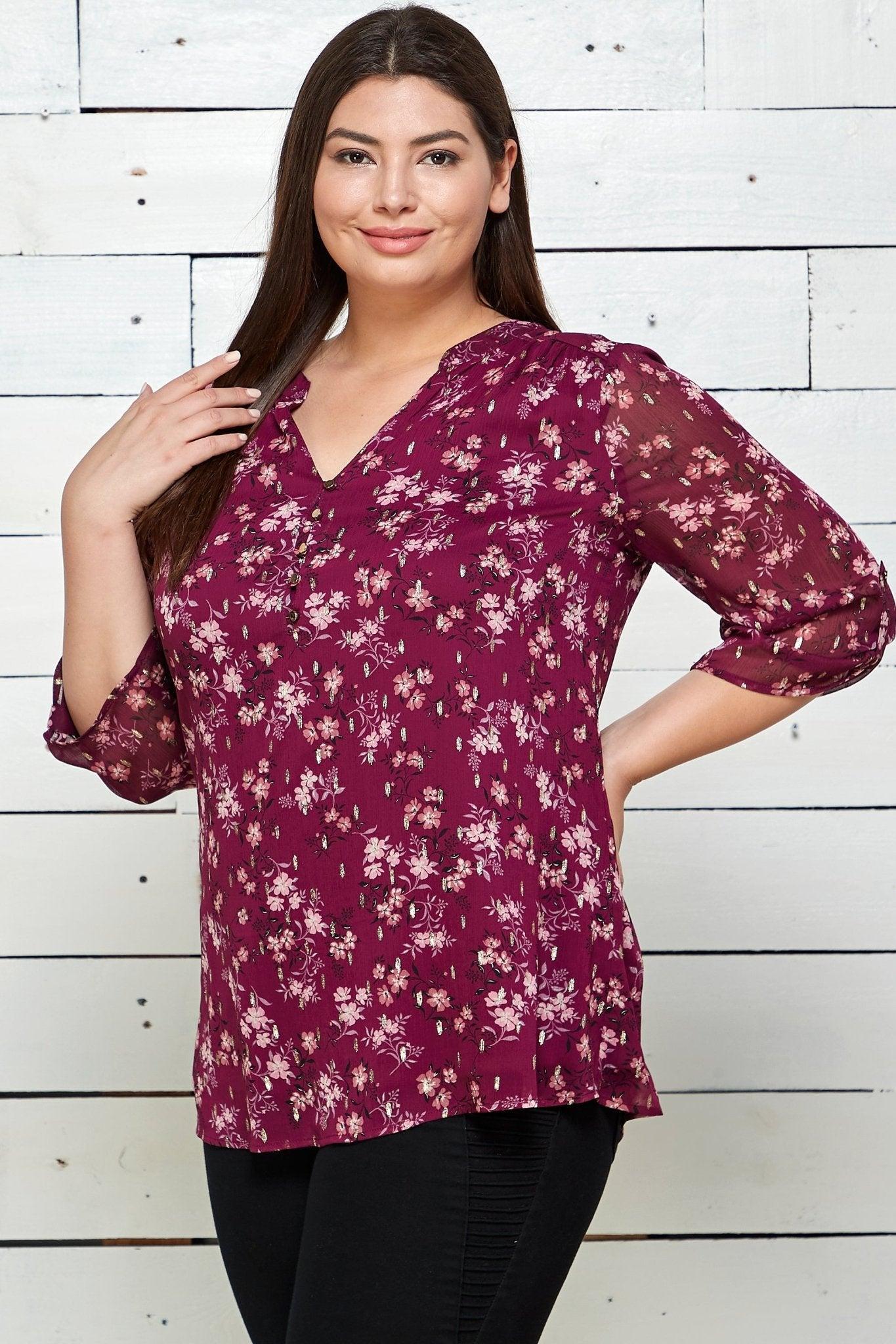 3/4 Button Tab Sleeve Mandarin Collar Popover - Plus Product Image