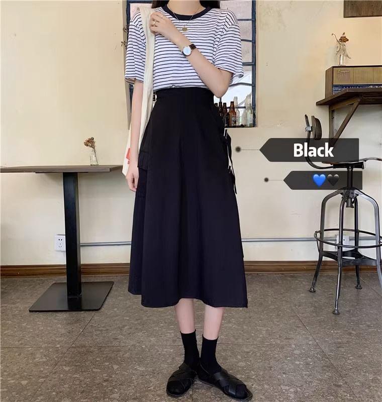 Elastic Waist Plain Asymmetrical Buckled Slit Midi A-Line Skirt Product Image