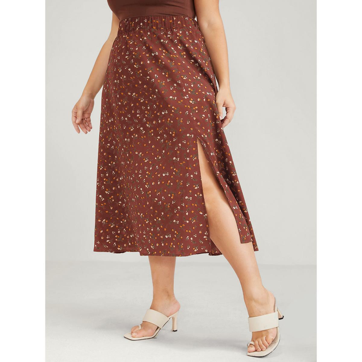 Plus Size Elastic Waist Ditsy Floral Split Skirt Women Chocolate Elegant Printed No stretch Dailywear Skirts BloomChic 26/4X Product Image