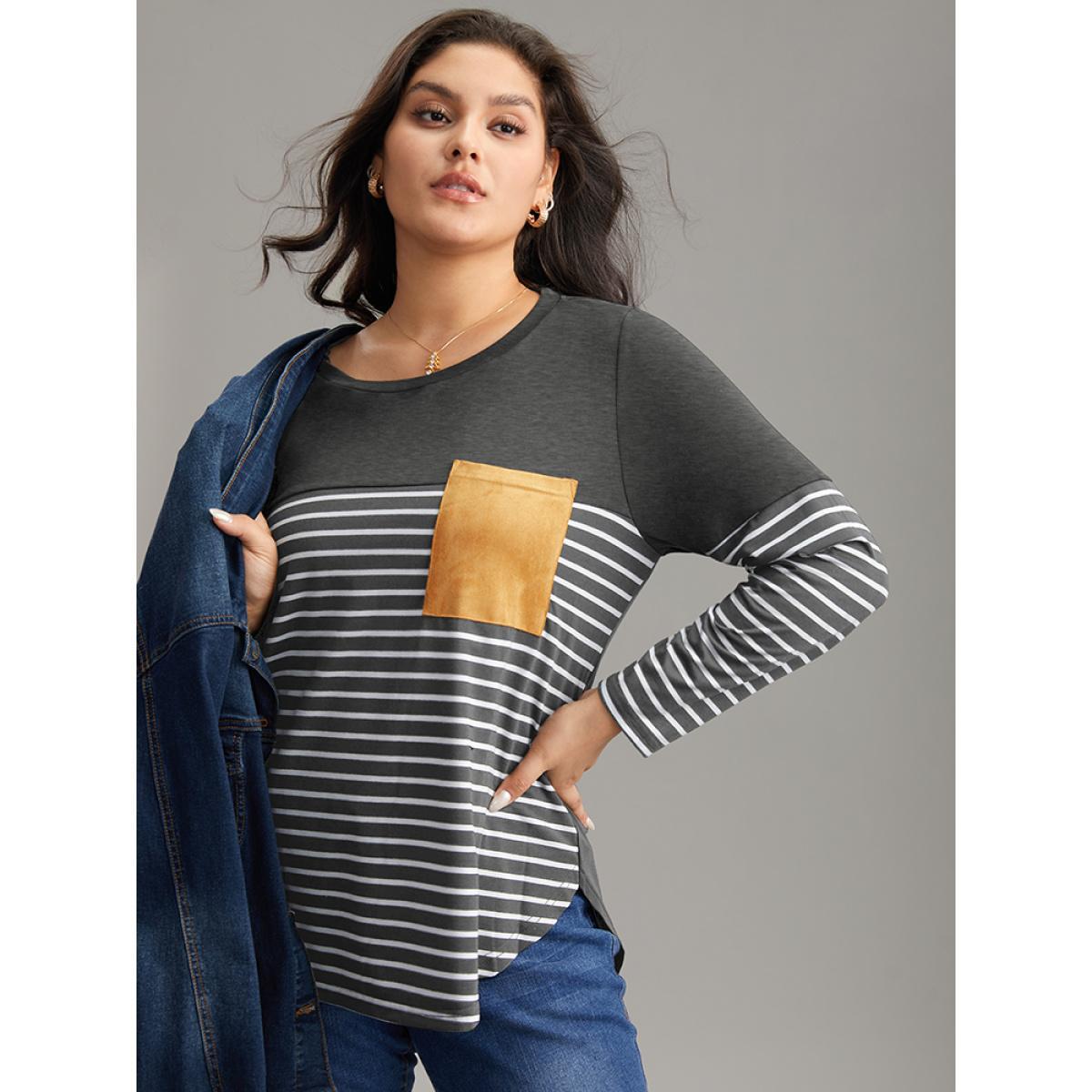 Plus Size Striped Contrast Patched Pocket Arc Hem T-shirt DarkGray Women Casual Contrast Striped Round Neck Dailywear T-shirts BloomChic 26/4X Product Image