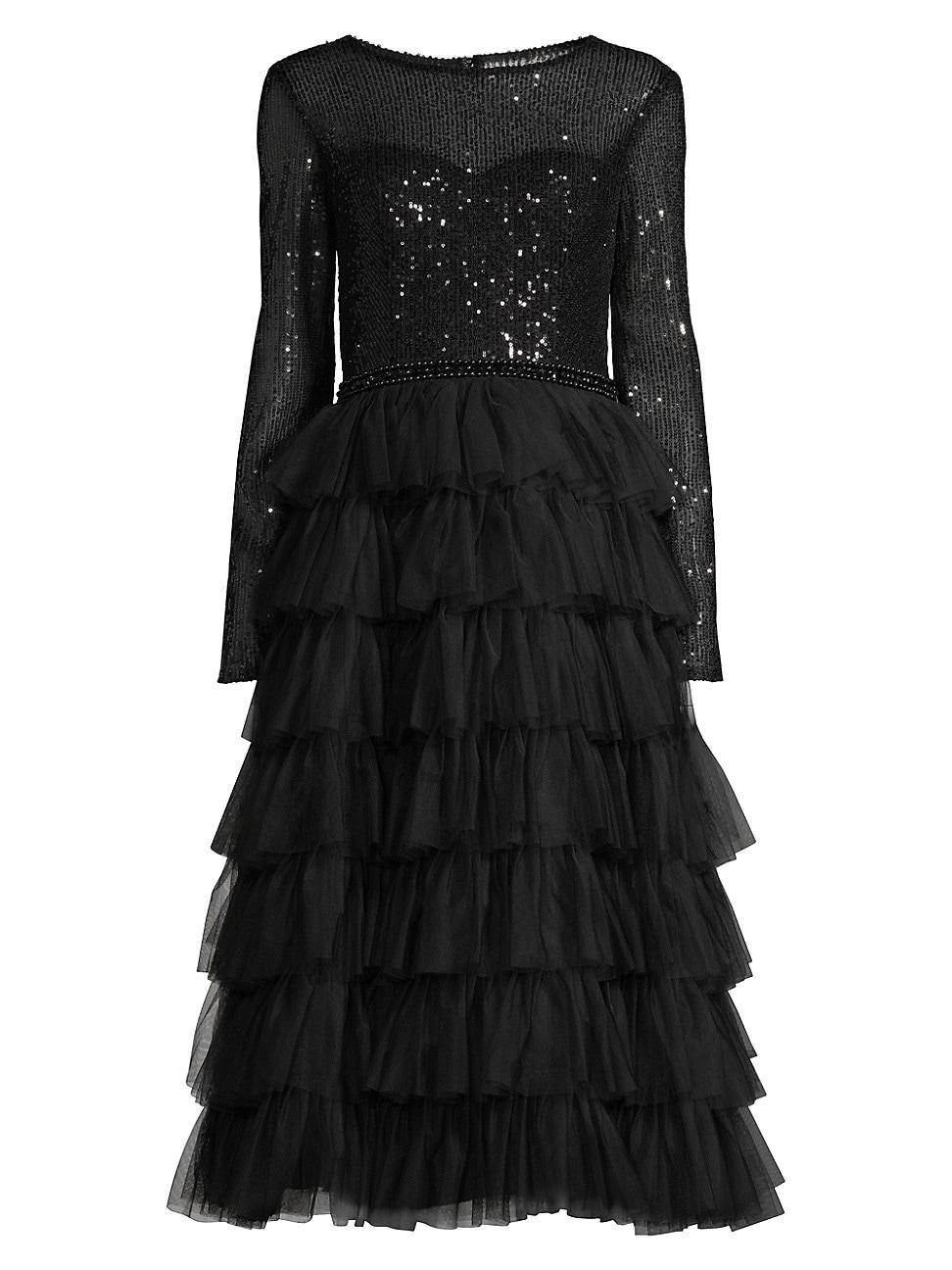 Mac Duggal Tiered Ruffle Crew Neck Long Sleeve Midi Dress Product Image