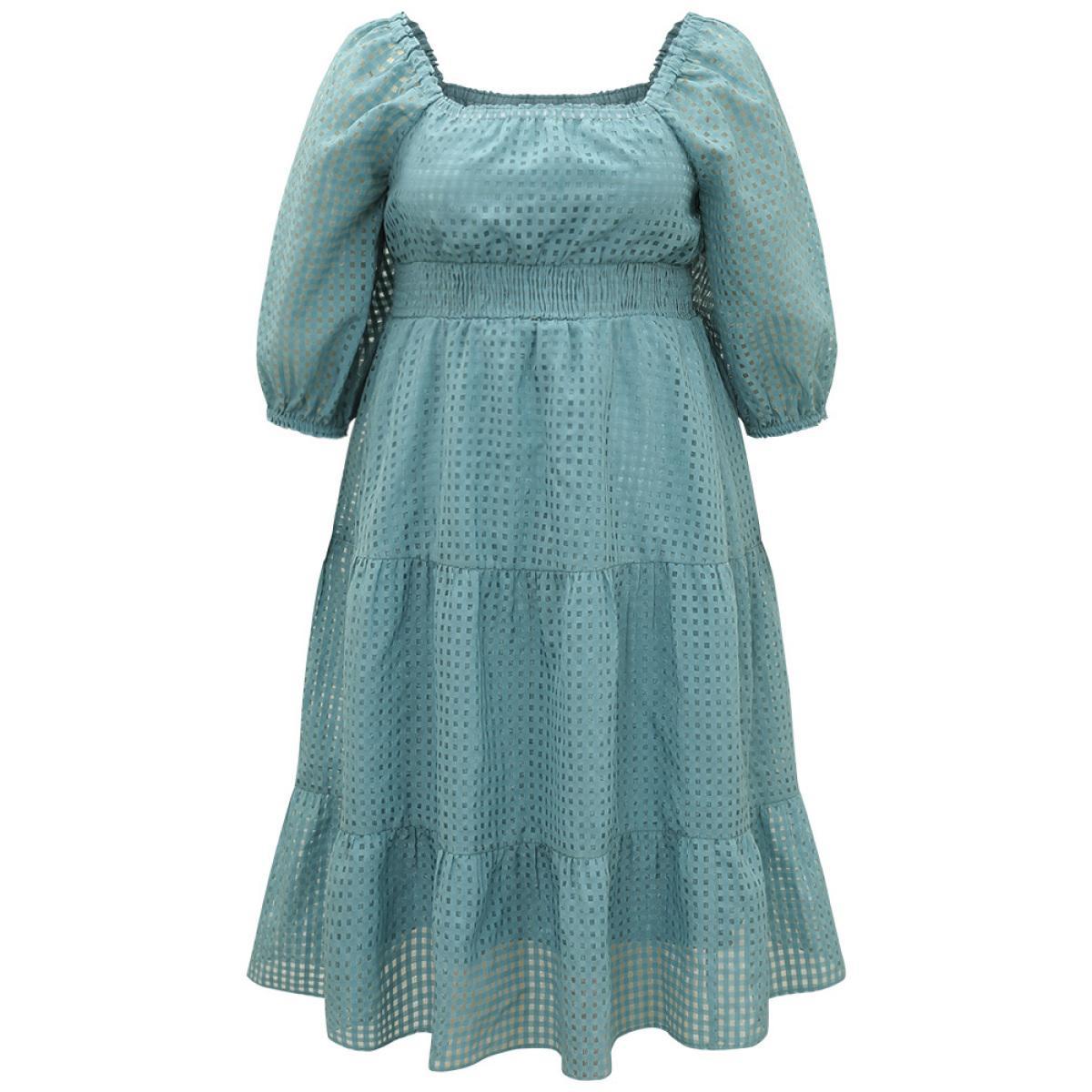 Plus Size Plain Gathered Texture Shirred Pocket Lantern Sleeve Dress Cerulean Women Elegant Elastic cuffs Square Neck Elbow-length sleeve Curvy Midi Dress BloomChic 22-24/3X Product Image
