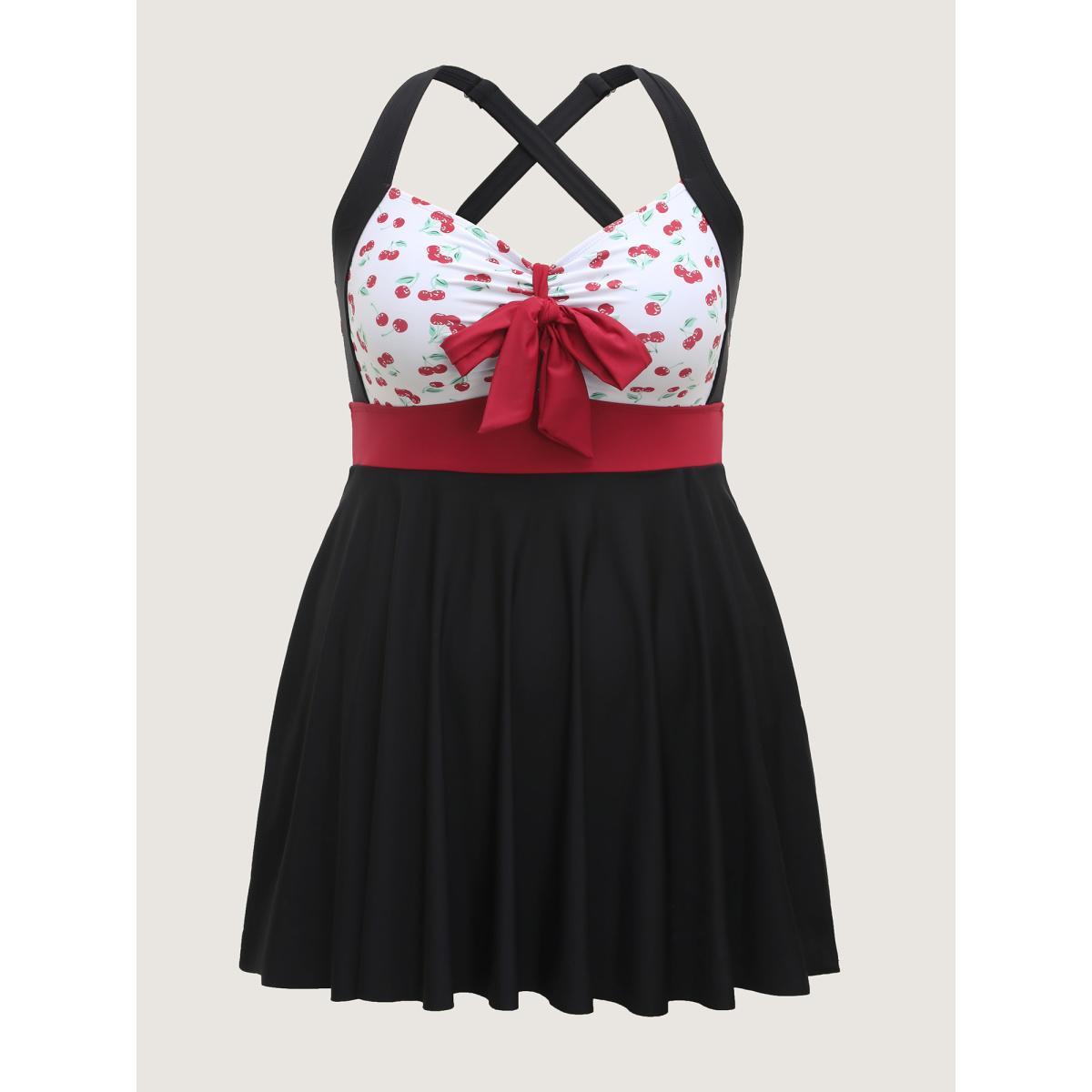 Plus Size Cherry Knotted Bodice Color Block Swim Dress Women's Swimwear Black Beach Bodycon Heart neckline High stretch Curve Swim Dresses BloomChic 10/M Product Image