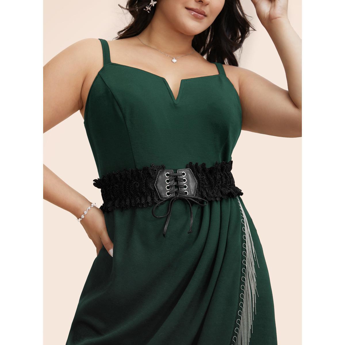 Plus Size Notched Collar Tassel Trim Cami Dress Cyan Women Cocktail Tassels Notched collar Sleeveless Curvy BloomChic 14-16/1X Product Image
