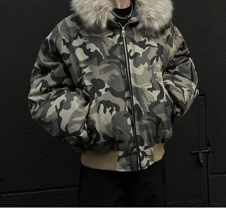 Camo Print Fluffy Trim Zip Jacket Product Image