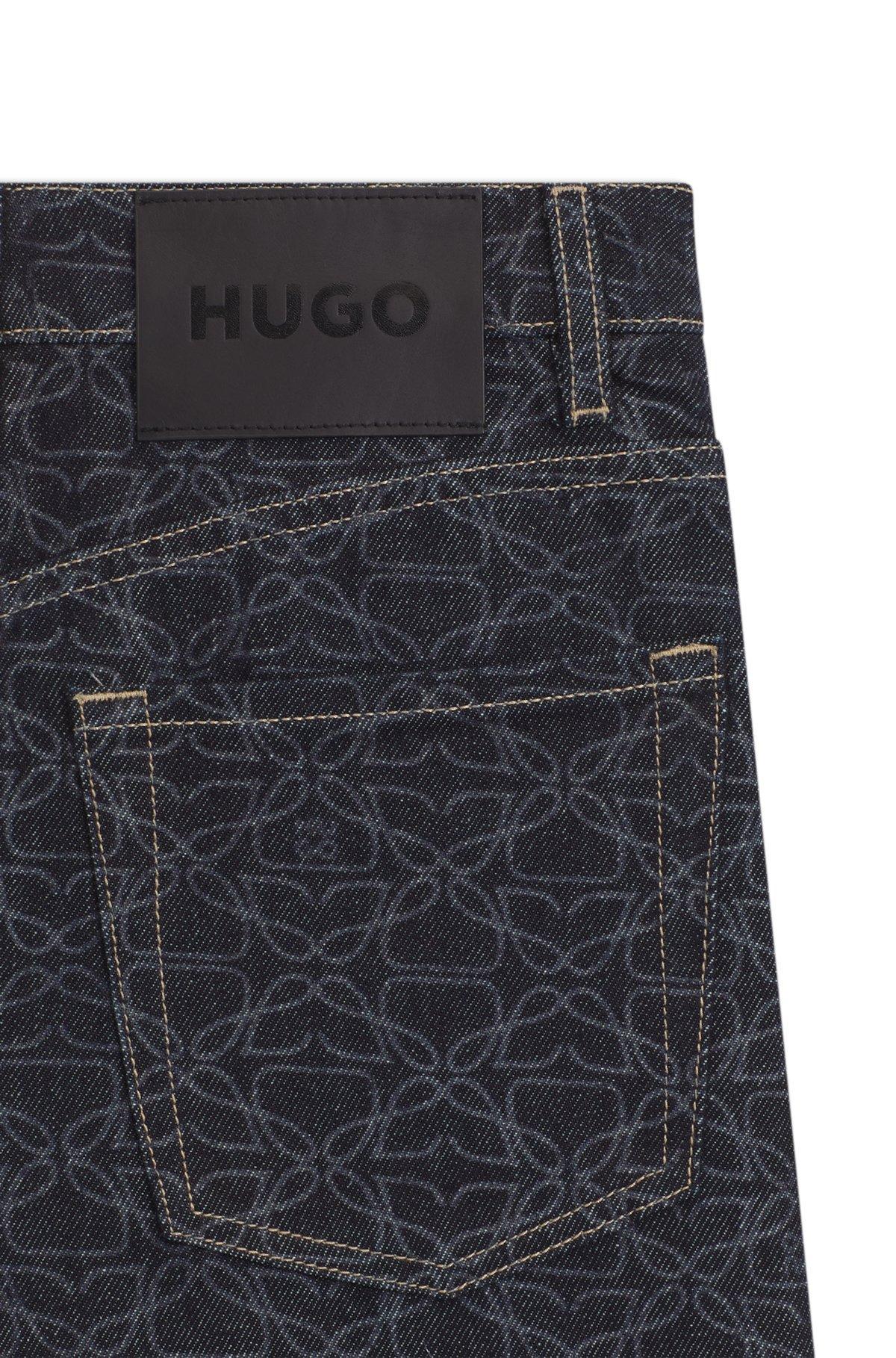 HUGO - Super-wide-leg jeans in monogram laser-print denim - Dark Blue Product Image
