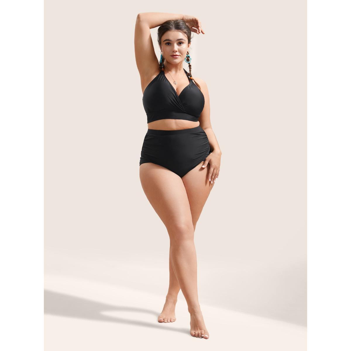 Plus Size Plain Patchwork Ruched Swim Bottom Women's Swimwear Black Beach Non High stretch Skinny High Rise Curve Swim Bottoms BloomChic 28/5X Product Image