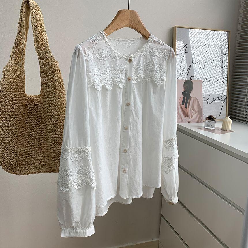 Long-Sleeve Round Neck Embroidered Lace Panel Blouse Product Image