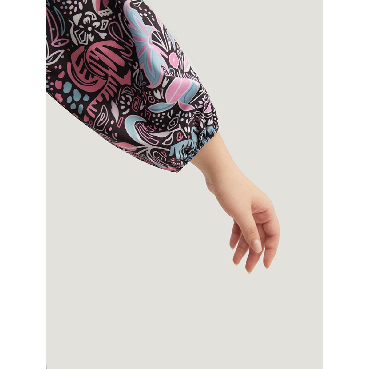Plus Size Floral Print Lantern Sleeve Elastic Waist Dress Multicolor Women Vacation Elastic cuffs V-neck Elbow-length sleeve Curvy Midi Dress BloomChic 26/4X Product Image