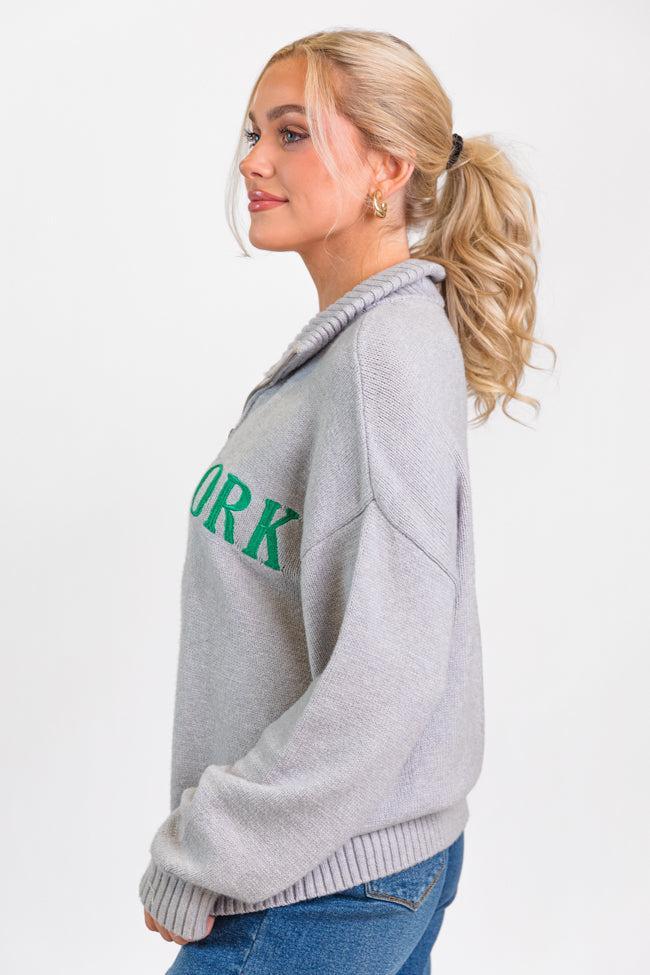 Roll With It Grey and Green New York Embroidered Quarter Zip Sweater FINAL SALE Product Image