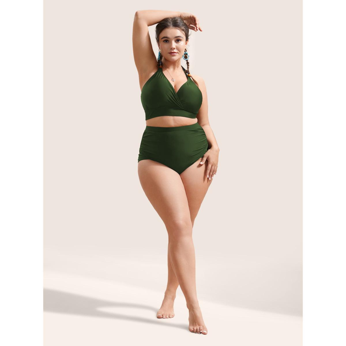 Plus Size Plain Patchwork Ruched Swim Bottom Women's Swimwear Indigo Beach Non High stretch Skinny High Rise Curve Swim Bottoms BloomChic 14-16/1X Product Image